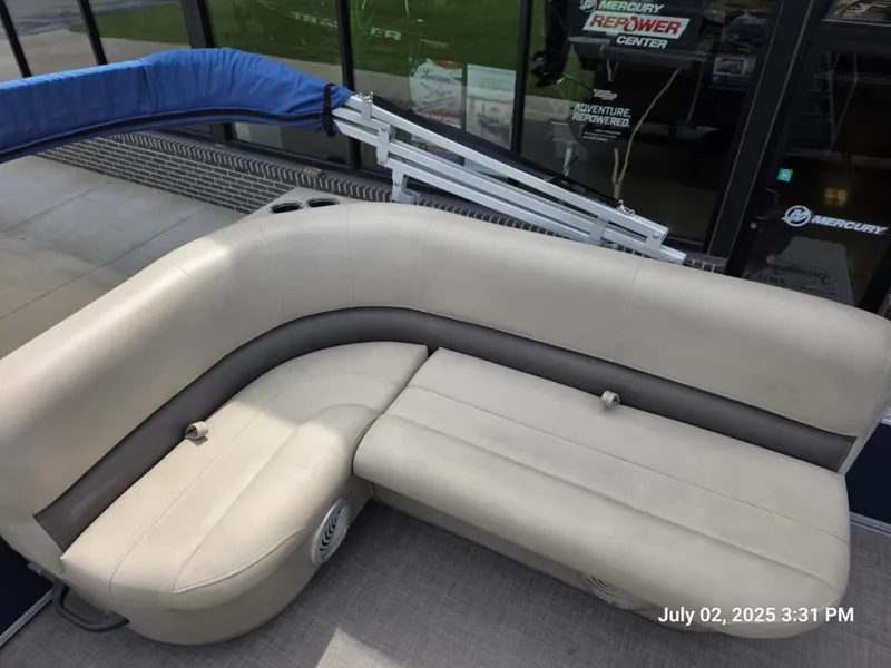 Slide: The Image of 2021 Sun Tracker Bass Buggy 16 XL pontoon boat seating area, beige upholstery. - 3