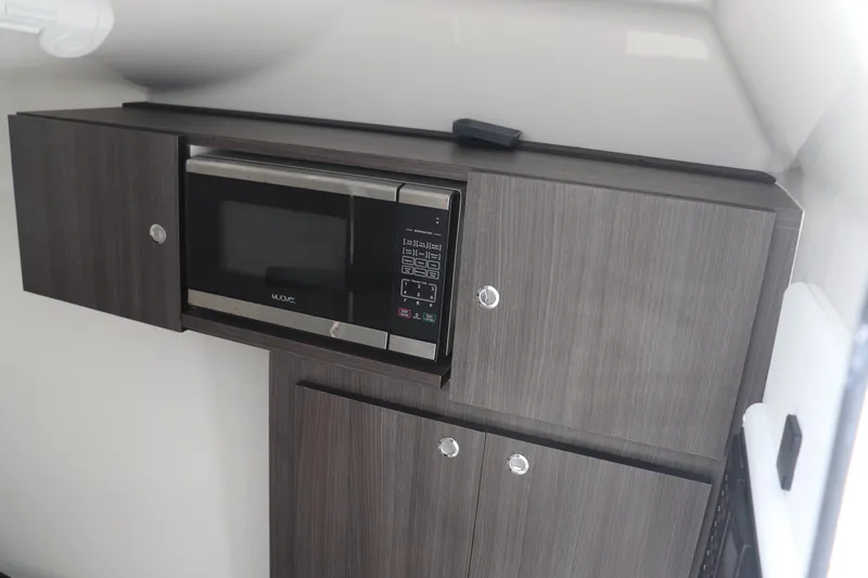 Slide: The Image of 2021 Albemarle 31 DC interior with modern microwave and sleek cabinetry. - 14