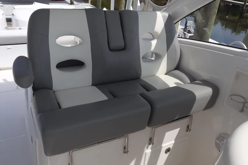 Slide: The Image of 2021 Albemarle 31 DC boat seat with gray and white upholstery. - 22