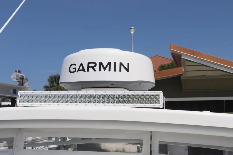 Slide: The Image of Garmin radar and LED light bar on 2021 Albemarle 31 DC boat. - 28