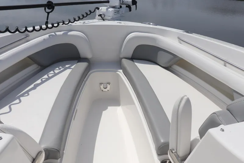 Slide: The Image of 2021 Albemarle 31 DC boat interior with sleek seating and modern design. - 37