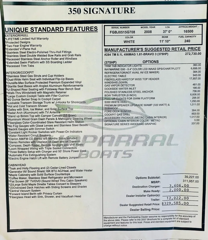Slide: The Image of 2008 Chaparral 350 Signature features list and pricing details. - 14