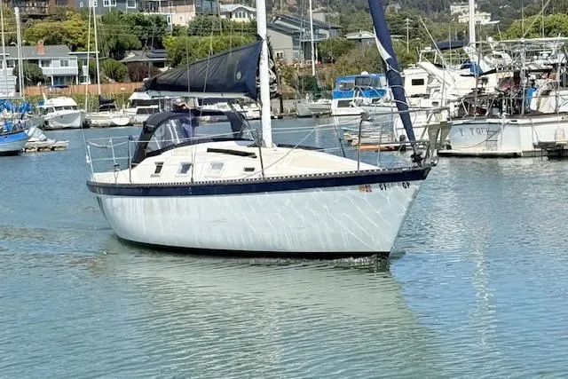 Slide: The Image of 1979 Lancer Sloop sailboat on calm water in a marina setting. - 6