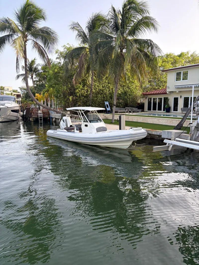 Slide: The Image of 2021 Brig 350 Merc boat docked by palm trees and waterfront home. - 6
