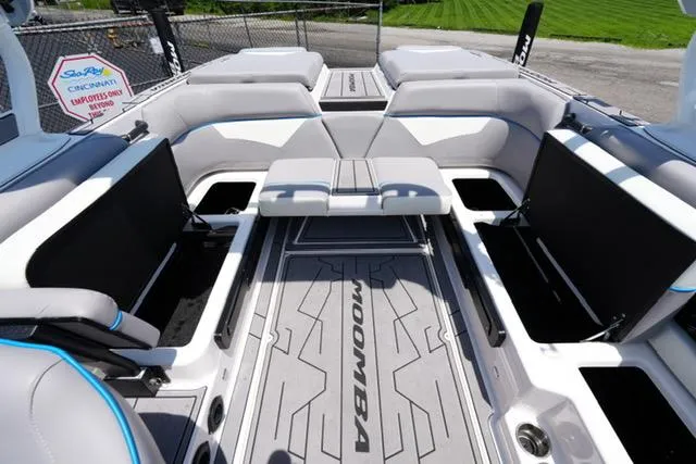 Slide: The Image of 2023 Moomba Kaiyen boat interior with spacious seating and modern design. - 13