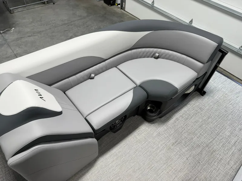 Slide: The Image of 2025 Avalon LSZ Versatile Rear Lounger with sleek gray and white upholstery in a garage setting. - 17