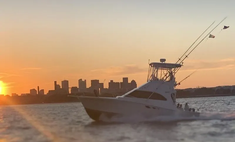 Slide: The Image of 1996 Luhrs 32 Convertible boat cruising at sunset with city skyline backdrop. - 0