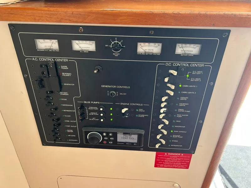 Slide: The Image of Control panel of a 1996 Luhrs 32 Convertible boat, featuring AC and DC systems. - 25