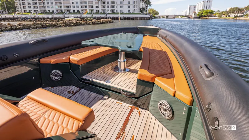 Slide: The Image of Luxurious 2025 Skipper-BSK 38NC boat interior with leather seating and waterfront view. - 26