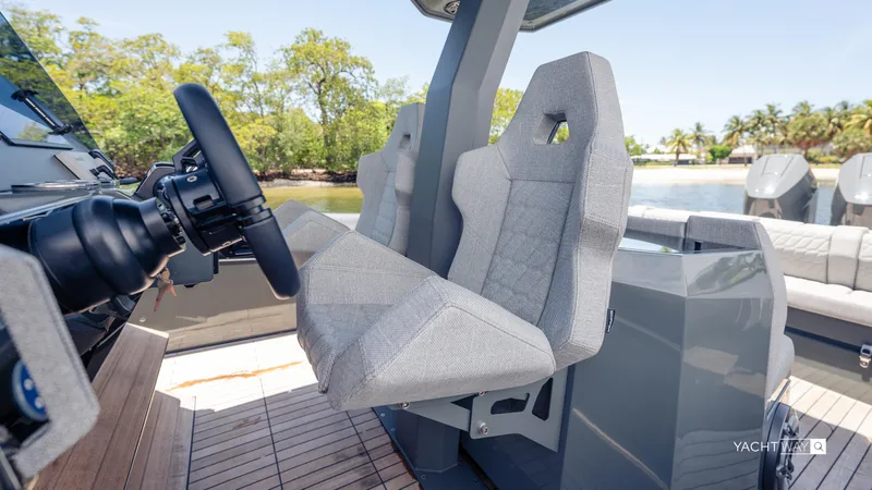 Slide: The Image of 2025 Skipper-BSK 38NC boat interior with modern helm seats and steering wheel. - 30