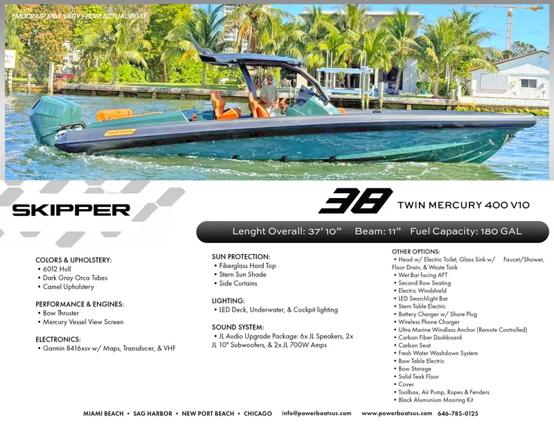 Slide: The Image of Skipper-BSK 38NC 2025 boat with Twin Mercury 400 V10 engines, cruising on water. - 13