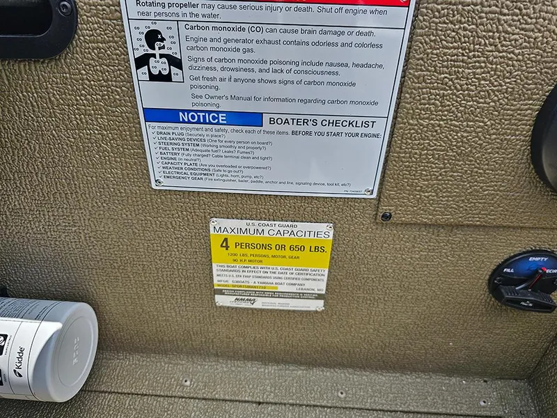 Slide: The Image of Boat safety labels on G3 Sportsman 1710, 2026 model, showing capacity and safety warnings. - 16