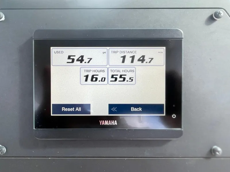 Slide: The Image of Yamaha display showing trip data on 2023 Everglades 235 Center Console boat. - 24