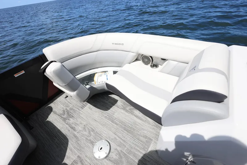 Slide: The Image of Luxurious seating on 2023 Viaggio DIAMANTE 23S boat, overlooking serene ocean waters. - 5