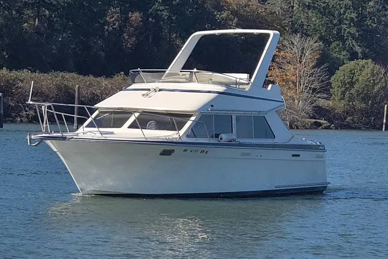 The Image of 1990 Tollycraft Sport Sedan boat on calm water, surrounded by lush greenery. - 0