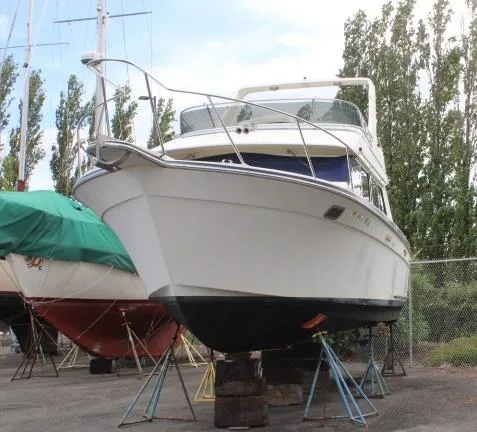 Slide: The Image of 1990 Tollycraft Sport Sedan boat on stands, outdoor storage, surrounded by trees and other boats. - 7
