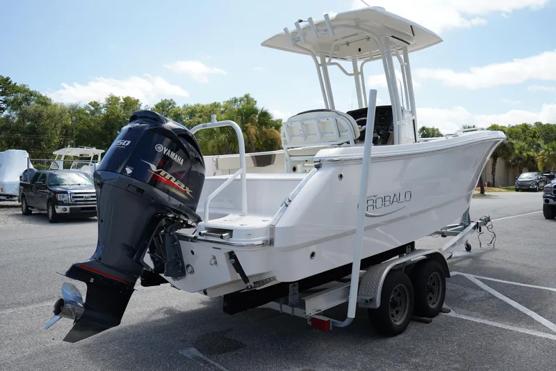 Slide: The Image of 2021 Robalo R230 Center Console boat on trailer with Yamaha outboard motor. - 4
