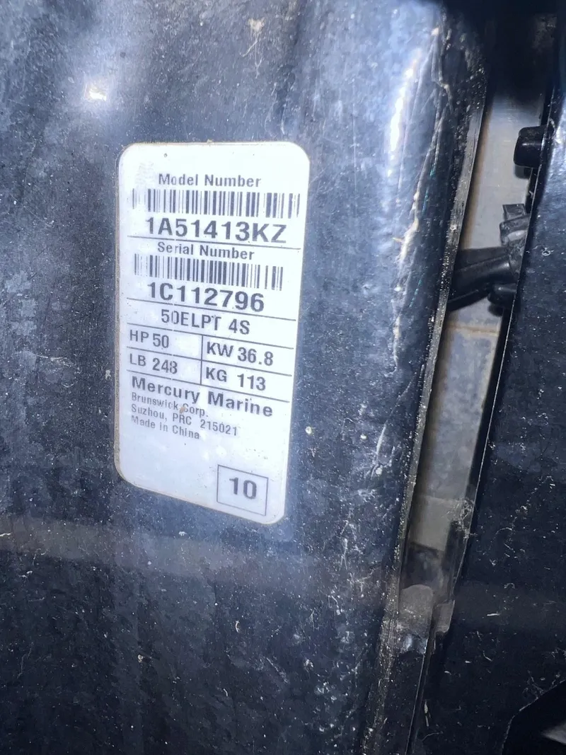 Slide: The Image of Label on Mercury Marine engine, model 50ELPT 4S, 50 HP, 2010 Sun Tracker boat. - 10