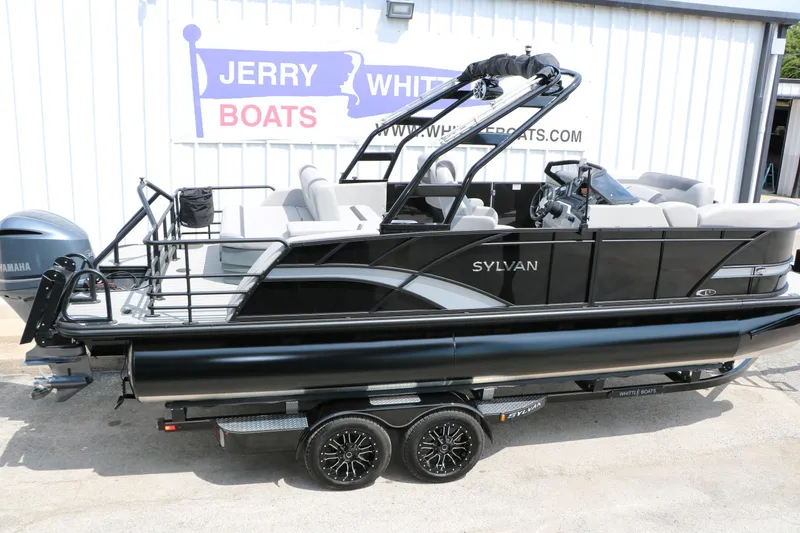 Slide: The Image of 2025 Sylvan L3 CLZ DH pontoon boat on trailer at dealership. - 14