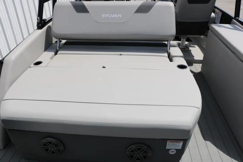 Slide: The Image of 2025 Sylvan L3 CLZ DH boat interior with gray seating and cup holders. - 20