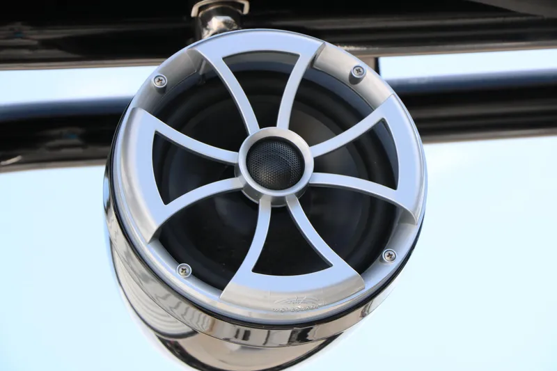 Slide: The Image of Close-up of a 2025 Sylvan L3 CLZ DH boat speaker with sleek metallic design. - 35