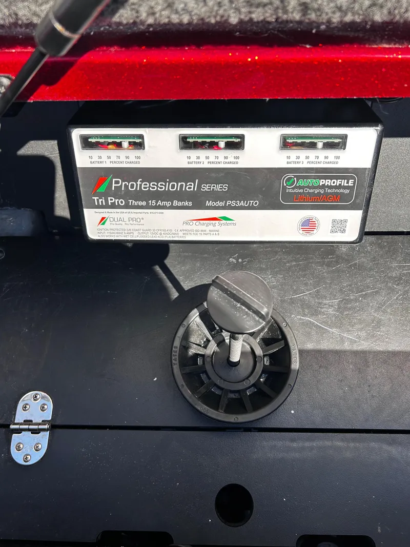 Slide: The Image of 2024 Ranger Z519 battery charger panel with Tri Pro 15 Amp Banks, model PS3AUTO. - 29