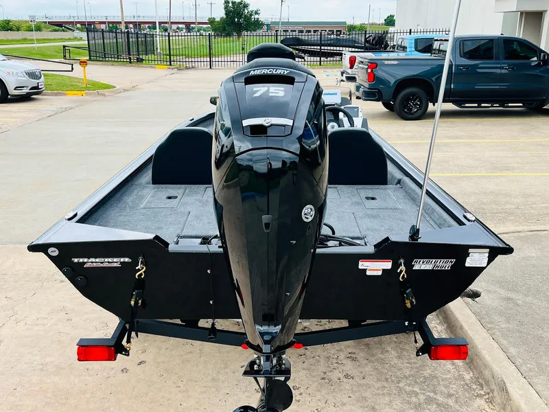 Slide: The Image of 2026 Tracker Pro Team 175 boat with Mercury 75 engine, parked on a trailer. - 4