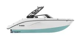 Slide: The Image of 2025 Yamaha Boats 222S, sleek white and turquoise design, side view. - 0