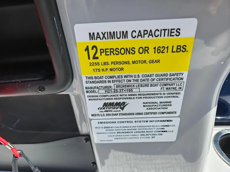 Slide: The Image of 2025 Harris Cruiser 210 capacity label: 12 persons or 1621 lbs, 175 HP motor. - 21