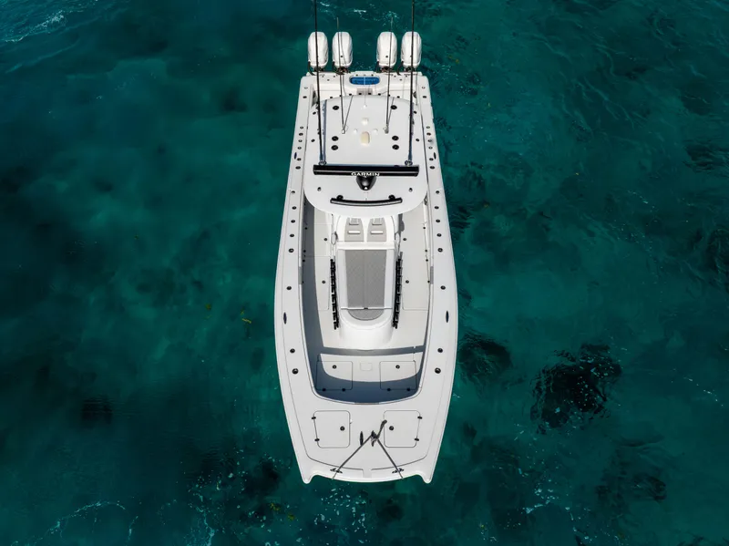 Slide: The Image of Aerial view of 2022 Freeman 37 VH boat on clear turquoise water. - 5