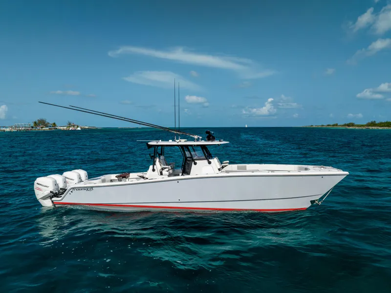 Slide: The Image of 2022 Freeman 37 VH boat on clear blue ocean under sunny sky. - 15