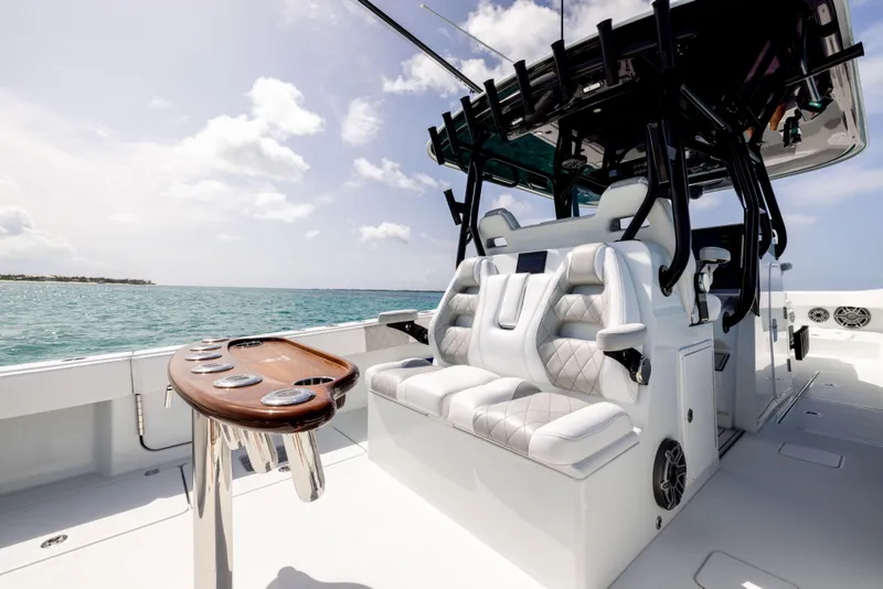 Slide: The Image of Luxury seating on a 2022 Freeman 37 VH boat with ocean view. - 27
