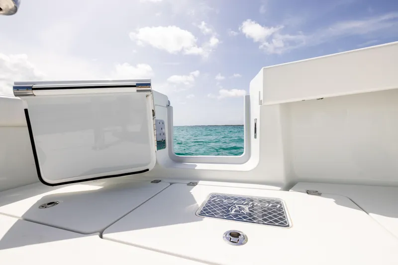 Slide: The Image of Freeman 37 VH 2022 boat deck with ocean view and open hatch. - 29