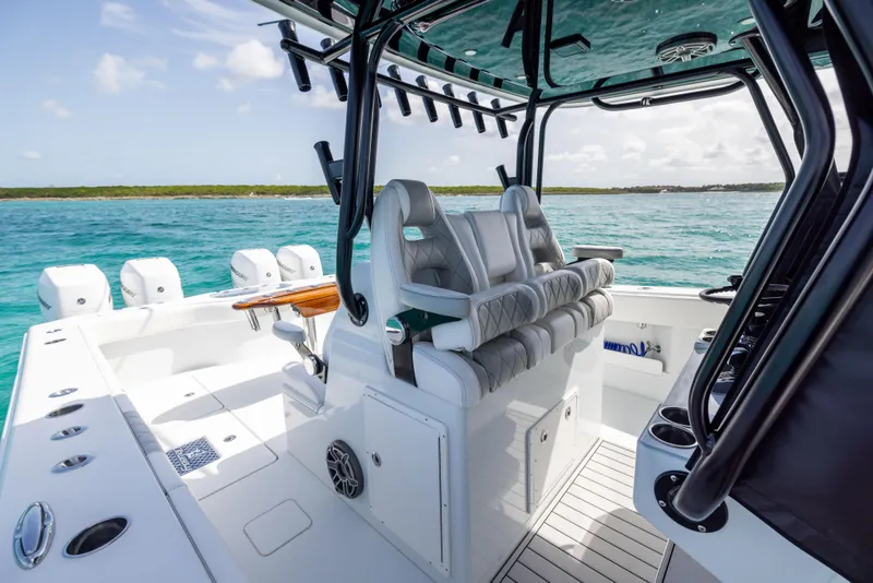 Slide: The Image of 2022 Freeman 37 VH boat interior with luxurious seating and ocean view. - 37