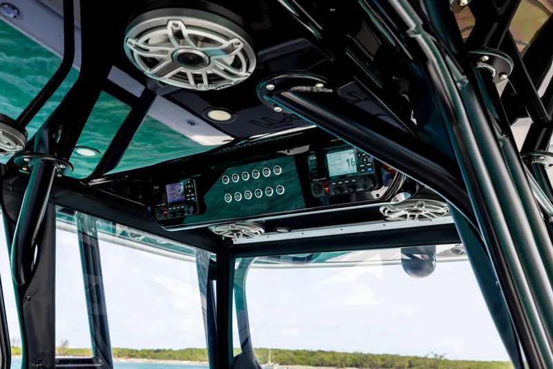 Slide: The Image of Interior view of 2022 Freeman 37 VH boat's control panel and speakers. - 44