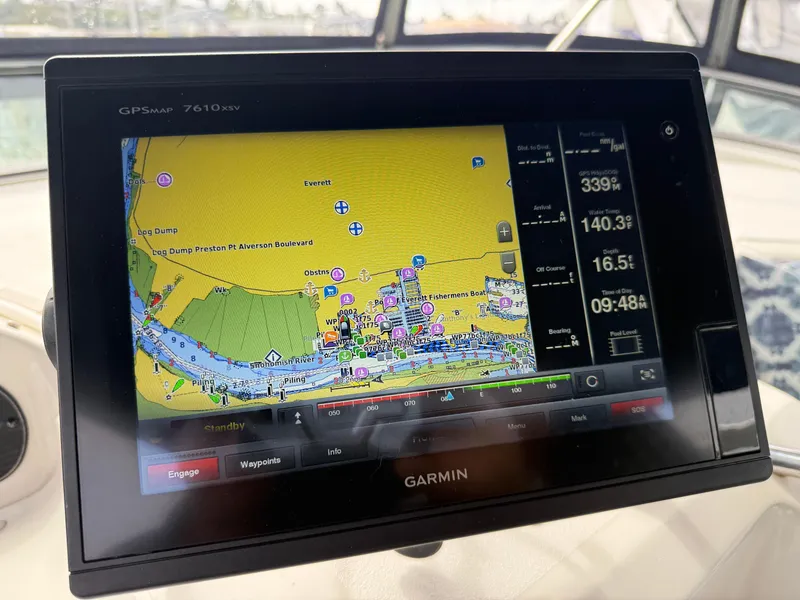 Slide: The Image of Garmin GPS display on 2001 Bayliner 3988 Command Bridge Motoryacht showing navigation map. - 44