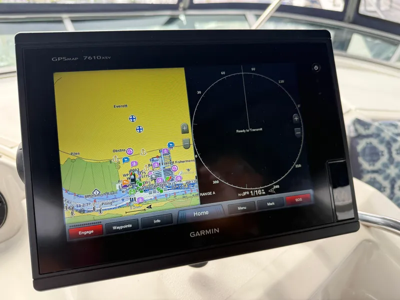 Slide: The Image of Garmin GPS display on 2001 Bayliner 3988 Command Bridge Motoryacht, showing navigation map. - 45
