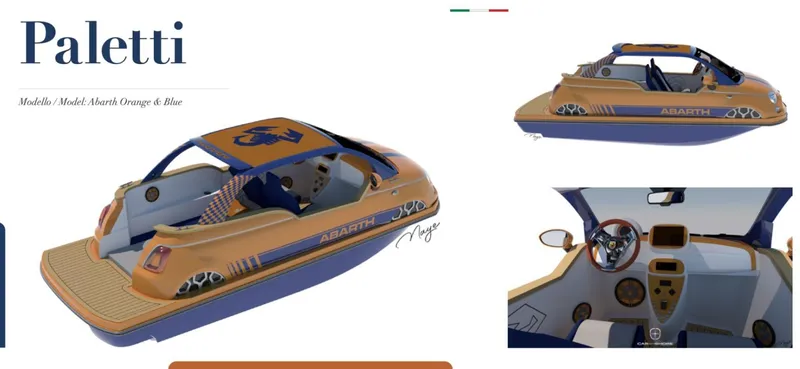 Slide: The Image of Futuristic 2025 Fiat 500 Abarth boat design in orange and blue. - 26