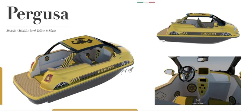 Slide: The Image of 2025 Car Off-shore Fiat 500 Abarth boat, yellow and black design, interior dashboard view. - 28