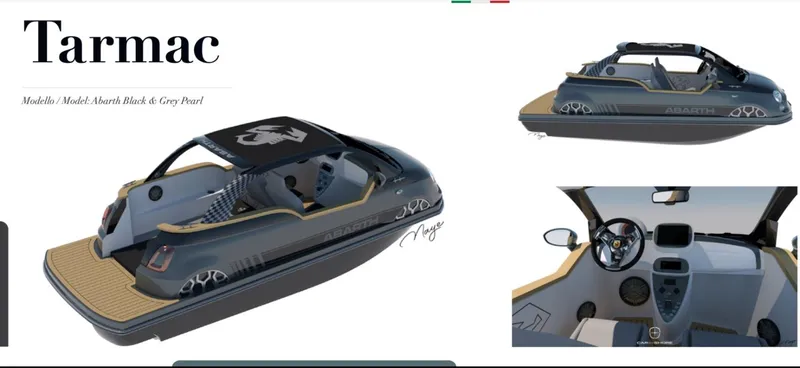 Slide: The Image of Tarmac Car Off-shore Fiat 500 Abarth 2025, sleek design, black and gray boat model. - 29