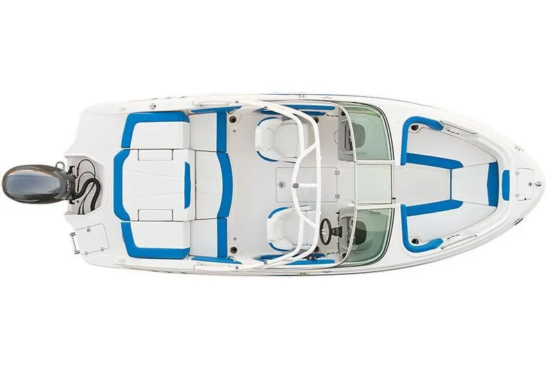 Slide: The Image of Top view of 2018 Chaparral 21 H2O Sport OB boat with blue and white seating. - 64