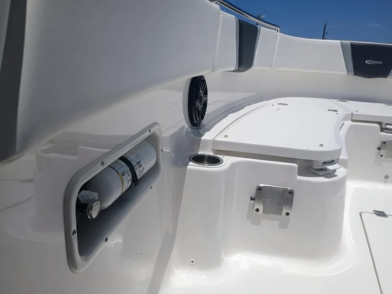 Slide: The Image of 2024 Robalo R250 Center Console boat interior with storage and seating. - 18