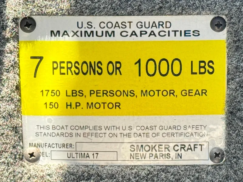 Slide: The Image of 2013 Smoker Craft Ultima 172 capacity label: 7 persons or 1000 lbs, 150 HP motor. - 21