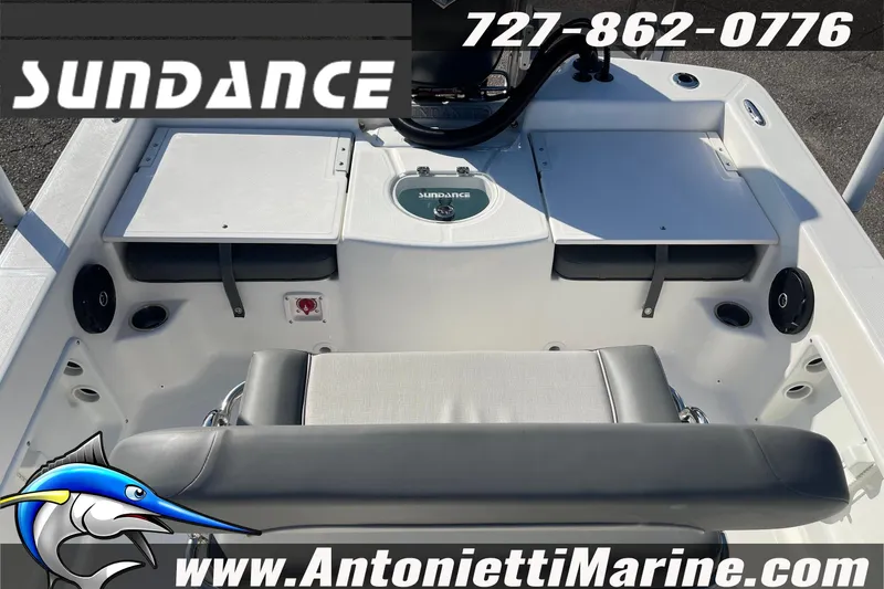 Slide: The Image of 2025 Sundance DX20 boat interior with seating and storage, featuring Antonietti Marine branding. - 14
