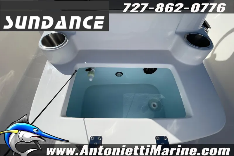 Slide: The Image of 2025 Sundance DX20 boat livewell with cup holders, featuring Antonietti Marine branding. - 29