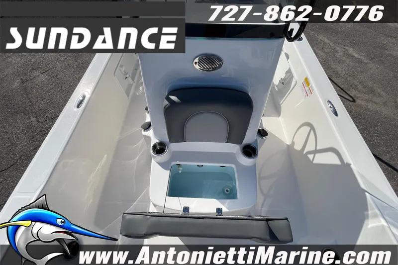 Slide: The Image of 2025 Sundance DX20 boat interior with seating and storage, Antonietti Marine branding. - 35