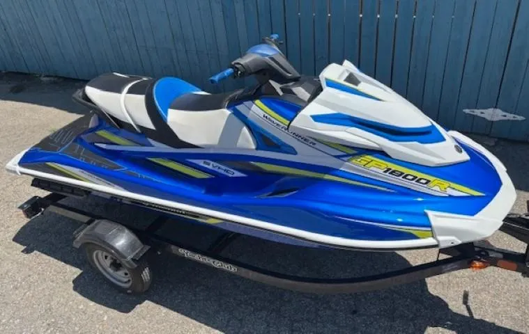 Slide: The Image of 2019 Yamaha WaveRunner GP1800R in blue and white on a trailer. - 2