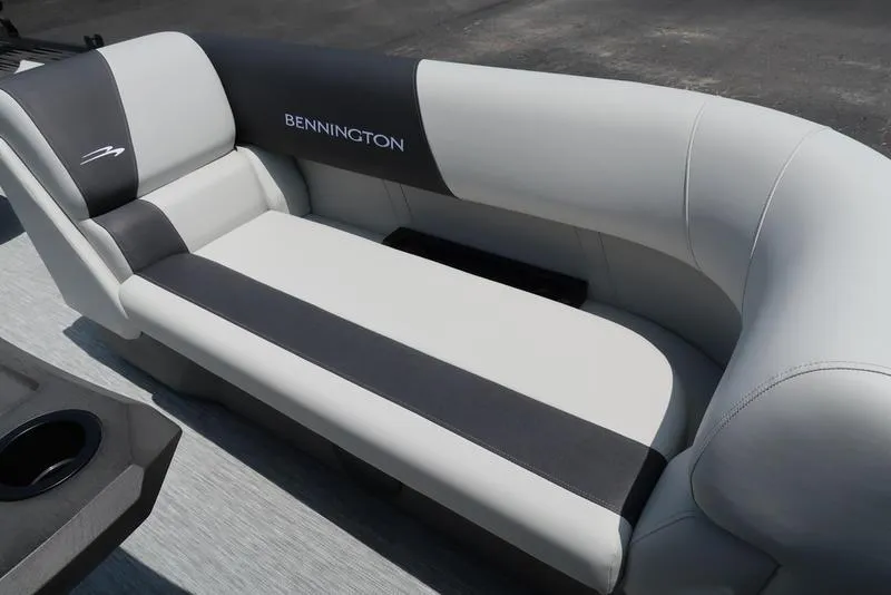 Slide: The Image of 2025 Bennington S Swingback 22 SSB boat seat, gray and black upholstery, sleek design. - 14