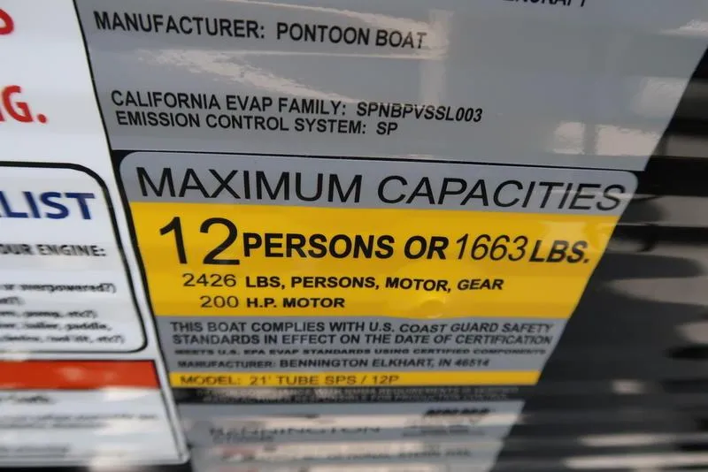 Slide: The Image of 2025 Bennington S Swingback 22 SSB capacity label: 12 persons or 1663 lbs, 200 HP motor. - 27