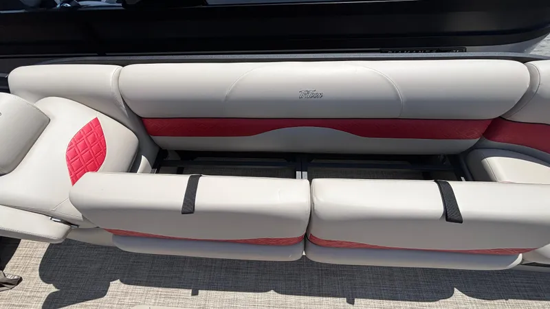 Slide: The Image of Luxury seating on 2025 JC NEPTOON 27TT SPORT boat with red accents. - 5